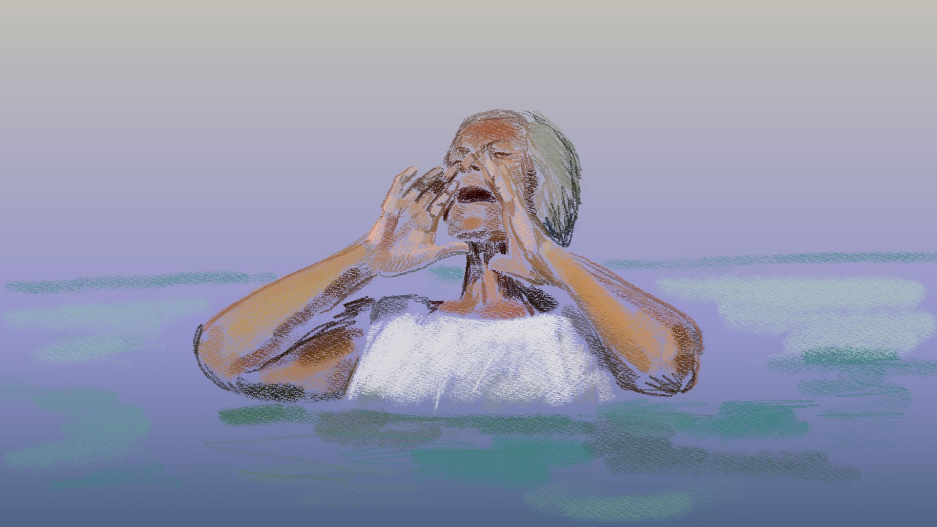 Illustration of woman in sea crying out through cupped hands