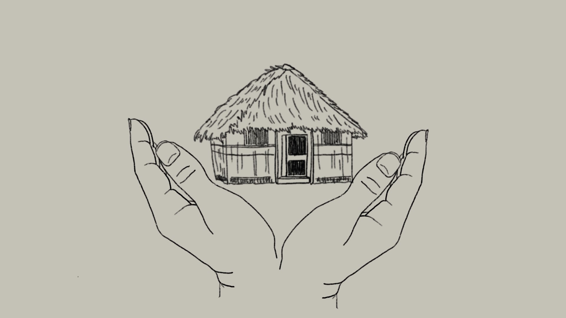 Illustration of thatched home with protective hands around it