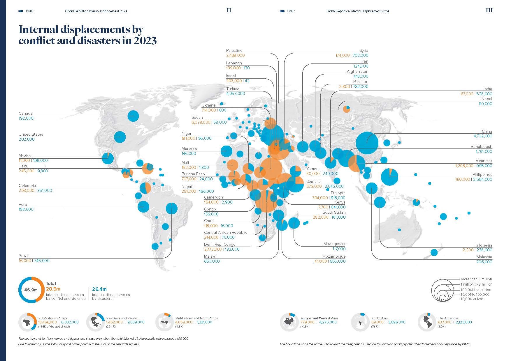 Map of internal displacements by conflict and disasters in 2023.