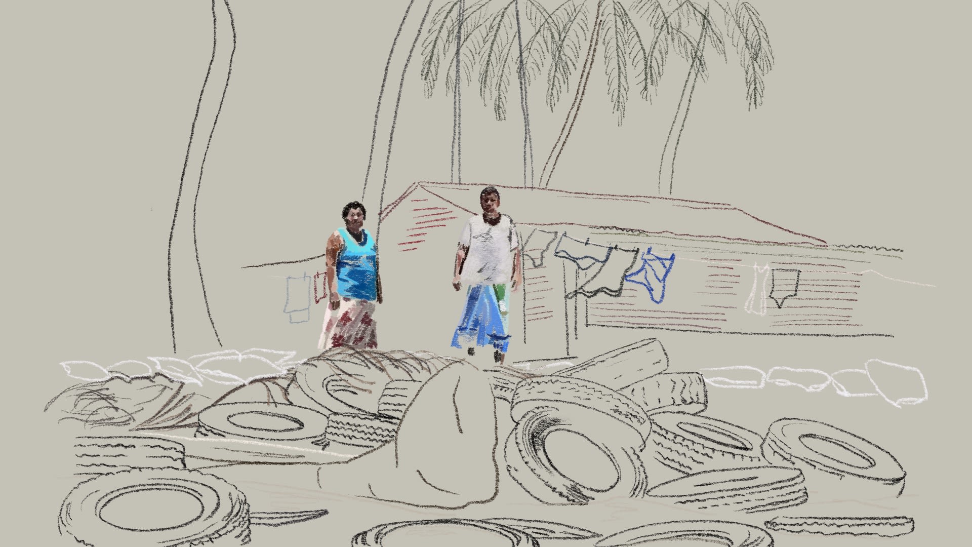 Illustration of family using car tires as a sea wall to protect their home 