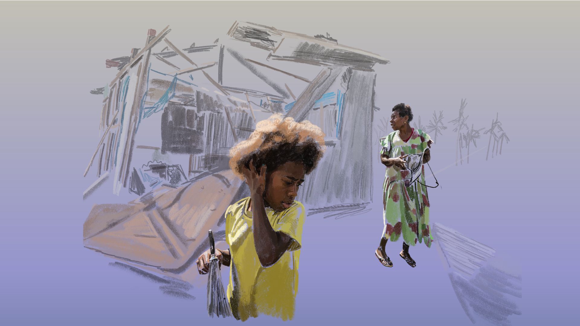 Illustration of mother and child near storm-damaged house