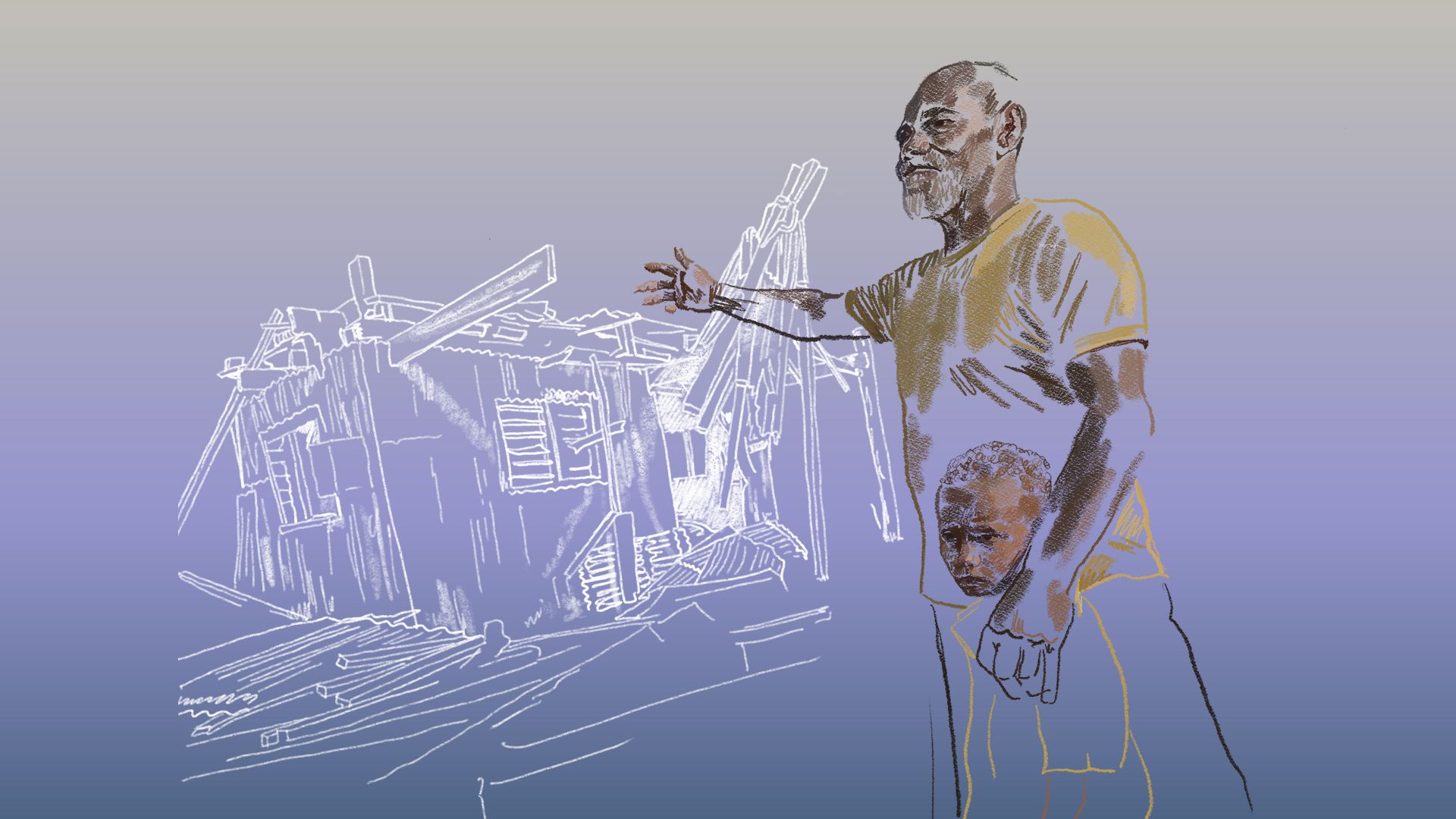 Illustration of father and son with disaster-struck home
